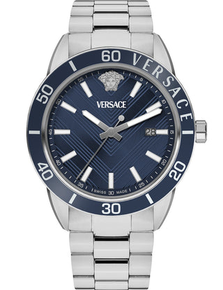 Front view of Versace VEYCA0424 Blue Dial Silver Stainless Steel Unisex Watch on white background