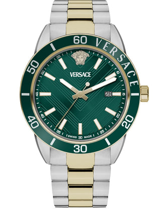 Front view of Versace VEYCA0524 Black Dial Gold Stainless Steel Unisex Watch on white background