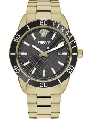 Front view of Versace VEYCA0724 Black Dial Gold Stainless Steel Unisex Watch on white background
