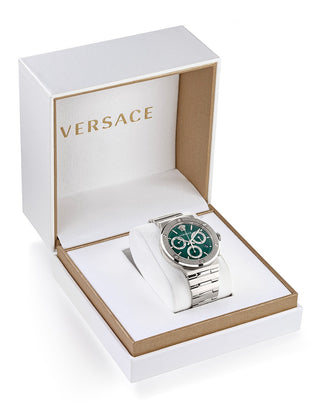 Angle shot of Versace Chronograph VEZ900121 Green Dial Silver Stainless Steel Unisex Watch on white background