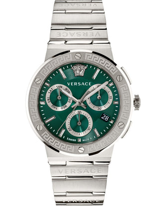 Front view of Versace Chronograph VEZ900121 Green Dial Silver Stainless Steel Unisex Watch on white background