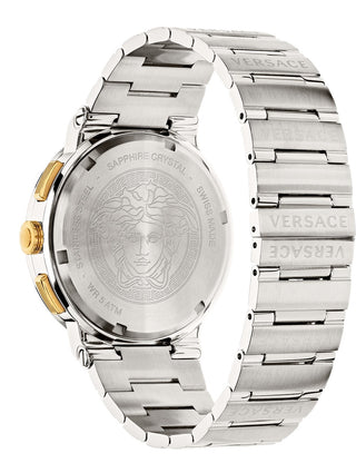 Angle shot of Versace Chronograph VEZ900221 Blue Dial Silver Stainless Steel Unisex Watch on white background