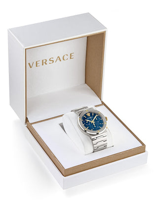 Angle shot of Versace Chronograph VEZ900221 Blue Dial Silver Stainless Steel Unisex Watch on white background