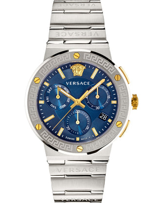 Front view of Versace Chronograph VEZ900221 Blue Dial Silver Stainless Steel Unisex Watch on white background