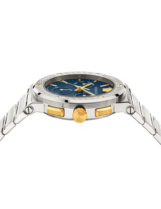 Angle shot of Versace Chronograph VEZ900221 Blue Dial Silver Stainless Steel Unisex Watch on white background