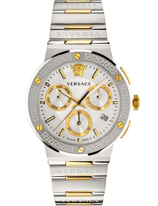 Front view of Versace Chronograph VEZ900321 Silver Dial Gold Stainless Steel Unisex Watch on white background