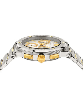 Angle shot of Versace Chronograph VEZ900321 Silver Dial Gold Stainless Steel Unisex Watch on white background