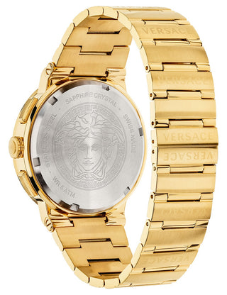 Angle shot of Versace Chronograph VEZ900421 Black Dial Gold Stainless Steel Unisex Watch on white background