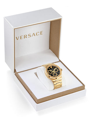 Angle shot of Versace Chronograph VEZ900421 Black Dial Gold Stainless Steel Unisex Watch on white background