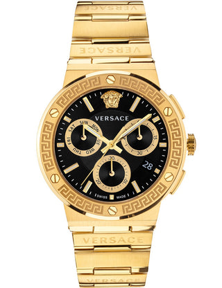 Front view of Versace Chronograph VEZ900421 Black Dial Gold Stainless Steel Unisex Watch on white background