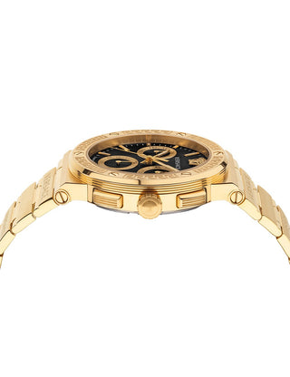 Angle shot of Versace Chronograph VEZ900421 Black Dial Gold Stainless Steel Unisex Watch on white background