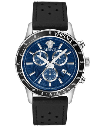 Front view of Versace Chronograph VEZCA0124 Blue Dial Black Leather Unisex Watch on white background