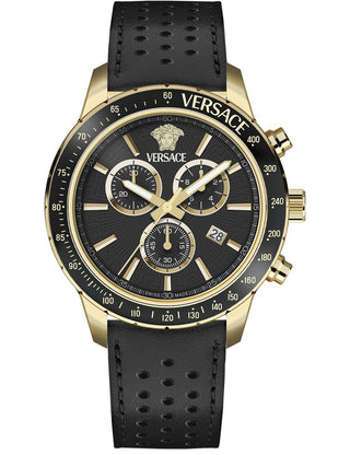 Front view of Versace Chronograph VEZCA0224 Black Leather Unisex Watch on white background