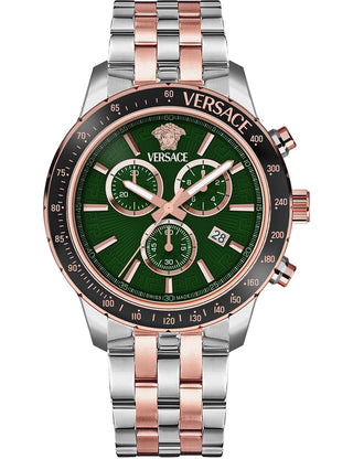 Front view of Versace Chronograph VEZCA0424 Green Dial Rose Gold Stainless Steel Unisex Watch on white background