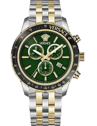 Front view of Versace Chronograph VEZCA0524 Green Dial Gold Stainless Steel Unisex Watch on white background