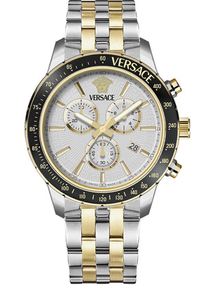 Front view of Versace Chronograph VEZCA0624 Silver Dial Gold Stainless Steel Unisex Watch on white background