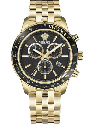 Front view of Versace Chronograph VEZCA0724 Black Dial Gold Stainless Steel Unisex Watch on white background