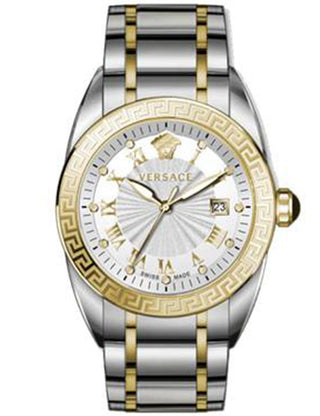 Front view of Versace VFE140015 White Dial Gold Stainless Steel Unisex Watch on white background