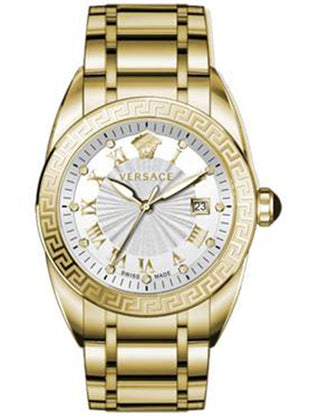 Front view of Versace VFE150015 White Dial Gold Stainless Steel Unisex Watch on white background
