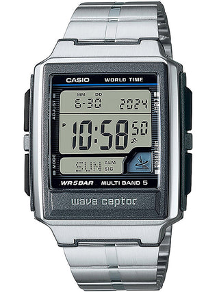 Front view of Casio Wave Ceptor World Time Radio Controlled Radio Signal Receiver WV-59RD-1AEF Grey Dial Silver Resin Unisex Watch on white background