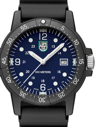 Front view of Luminox X2.2003 Blue Dial Black Silicone Unisex Watch on white background
